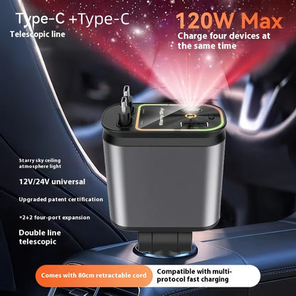 4-in-1 - Retractable Car Charger with Starry Light