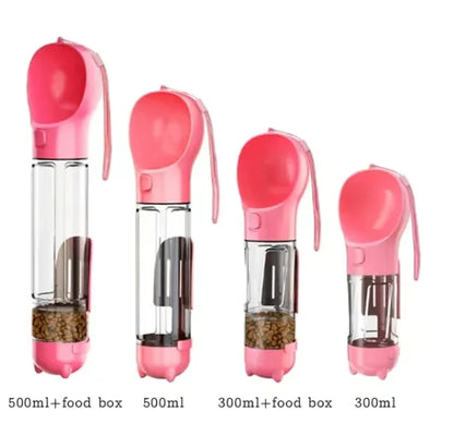 4-in-1 Portable Dog Water Bottle with Food Dispenser, Mini shovel and Garbage bag storage.