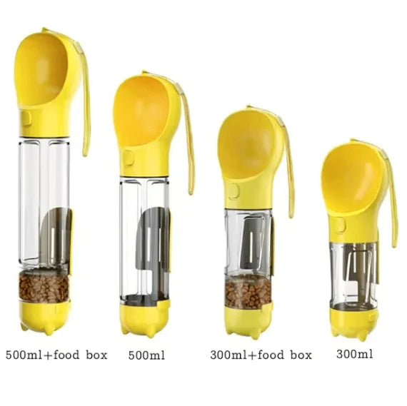 4-in-1 Portable Dog Water Bottle with Food Dispenser, Mini shovel and Garbage bag storage.