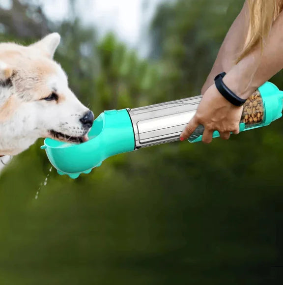 4-in-1 Portable Dog Water Bottle with Food Dispenser, Mini shovel and Garbage bag storage.