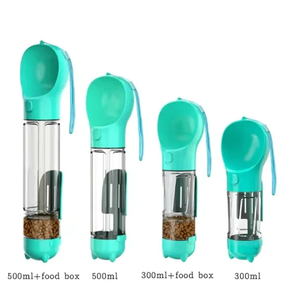 4-in-1 Portable Dog Water Bottle with Food Dispenser, Mini shovel and Garbage bag storage.