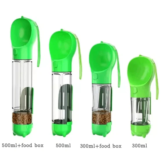 4-in-1 Portable Dog Water Bottle with Food Dispenser, Mini shovel and Garbage bag storage.