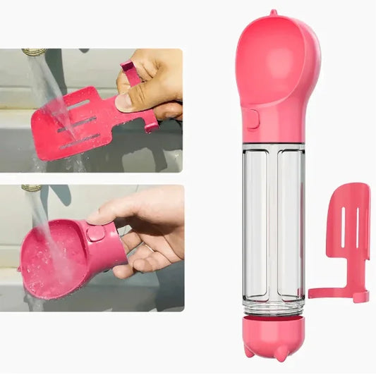 4-in-1 Portable Dog Water Bottle with Food Dispenser, Mini shovel and Garbage bag storage.