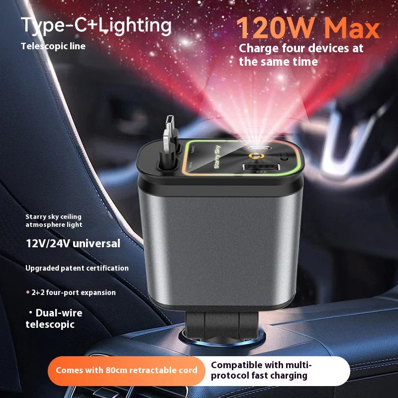 4-in-1 - Retractable Car Charger with Starry Light