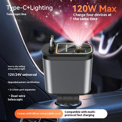4-in-1 - Retractable Car Charger with Starry Light